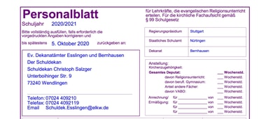 Personalblatt Schuljahr 2021/22 Kirchenbezirk Bernhausen