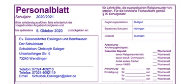 Personalblatt Schuljahr 2021/22 Kirchenbezirk Esslingen