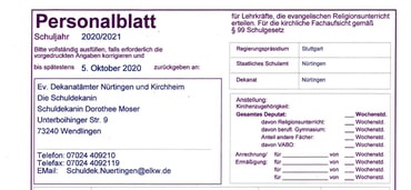 Personalblatt Schuljahr 2021/22 Kirchenbezirk Nürtingen